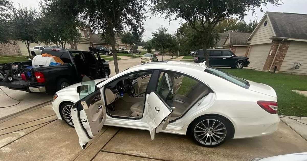 A fully detailed Mercedes benz white car