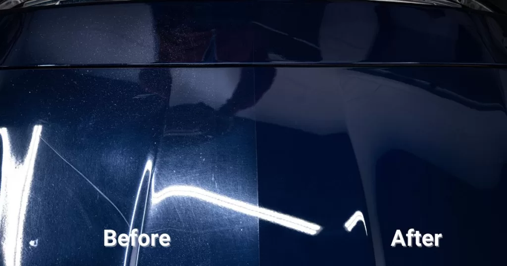 Blue car's scratch removed before and after image